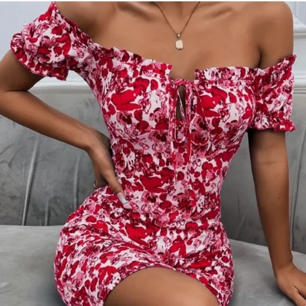 Boho Blue Floral Print Off Shoulder Bodycon Dress - Picture 2 of 11